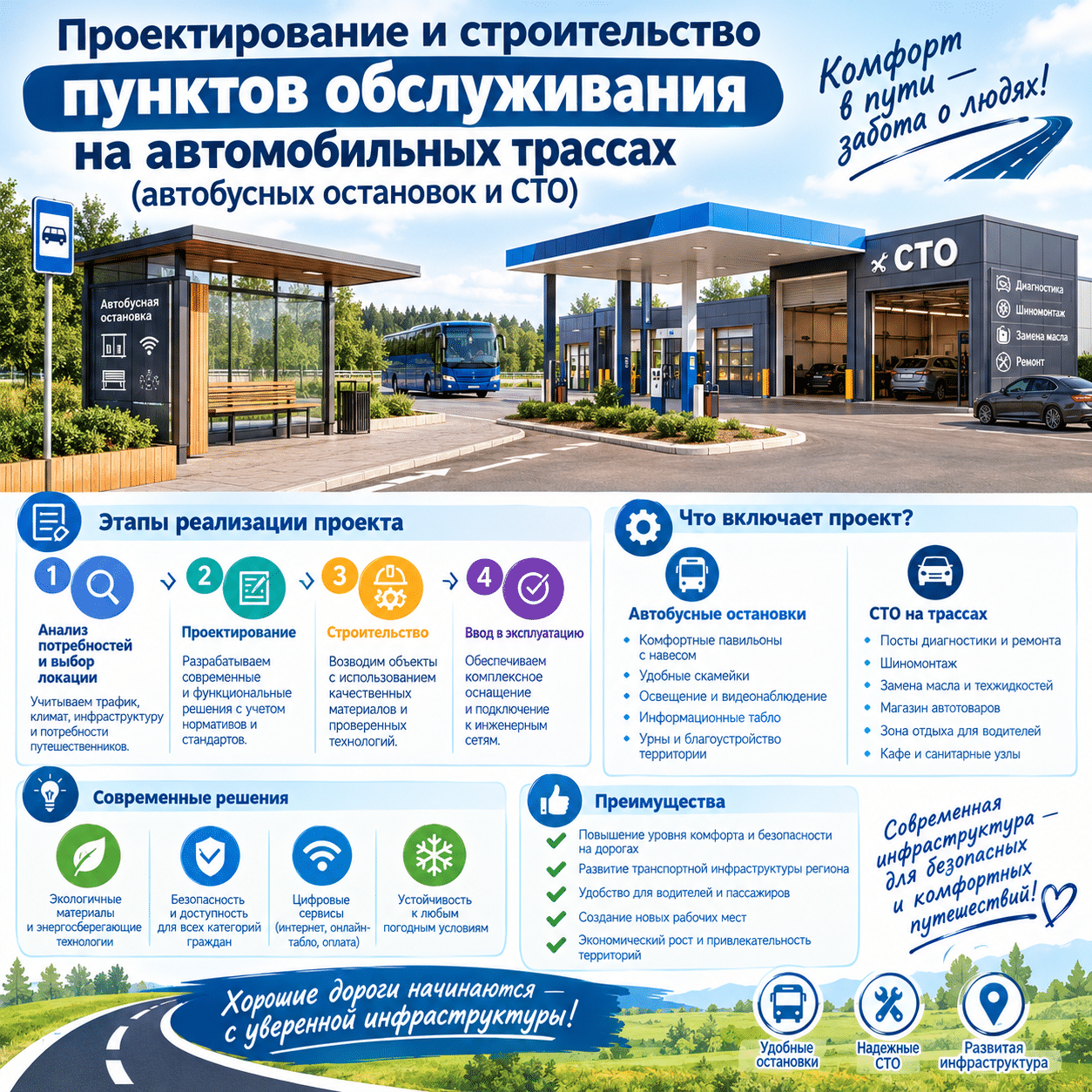 Проектирование и строительство пунктов обслуживания на автомобильных трассах (автобусных остановок и СТО)